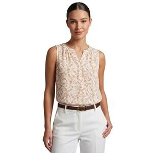 41 Hawthorn Split Neck Blouse Floral Cream Brown Sleeveless Women L NWT